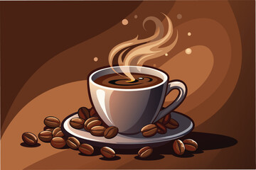 Hot coffee cup with steam and coffee beans on a plate in a cozy setting during morning hours