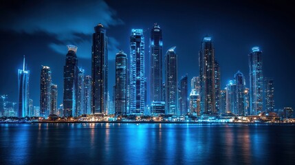 Fototapeta premium Night cityscape, skyscrapers, waterfront, illuminated buildings, blue, reflection.