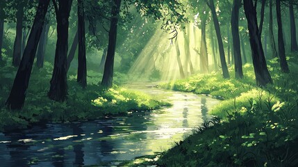 Obraz premium Sunbeams illuminate a tranquil forest stream. (1)