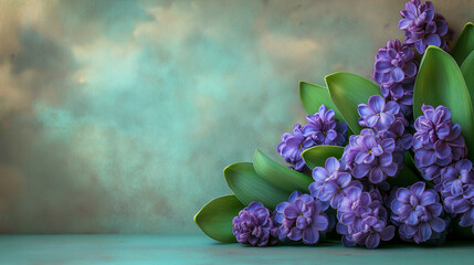 Vibrant spring background featuring a cluster of purple flowers with lush green leaves for a cheerful atmosphere
