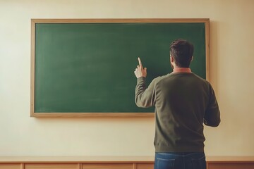 Teacher Pointing at Green Board in Classroom