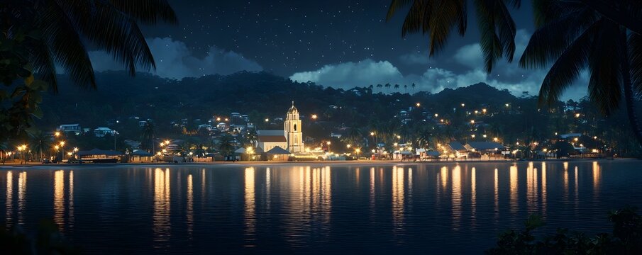 Night view of Apia, Samoa, with the iconic Immaculate Conception Cathedral softly lit, city lights reflecting on the coastline, and palm trees swaying in the evening breeze