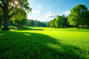 Deep green, short-cropped golf course grass; shadows add depth , sport, field, idyllic