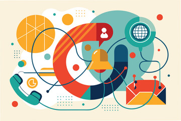 Obraz premium Vector illustration depicting digital communication and connection through a telephone and online avatars in a vibrant design