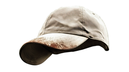 Dirty beige cap, studio shot, blank background, apparel mockup