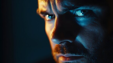 Obraz premium Realistic close-up of a man’s face as he watches a movie, with detailed expressions of intrigue & focus, ambient light in a dark room