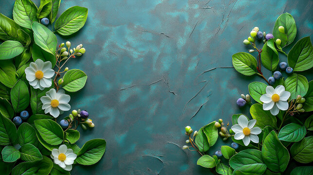 Spring-inspired background with vibrant flowers and lush leaves arranged on a textured surface