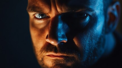 Obraz premium Realistic close-up of a man’s face as he watches a movie, with detailed expressions of intrigue & focus, ambient light in a dark room