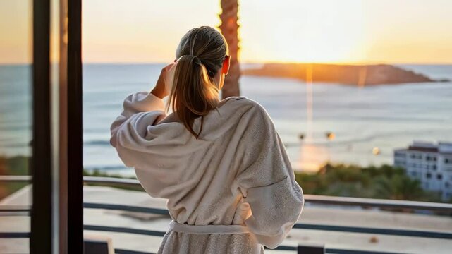 young woman with bathrope looking at the sea