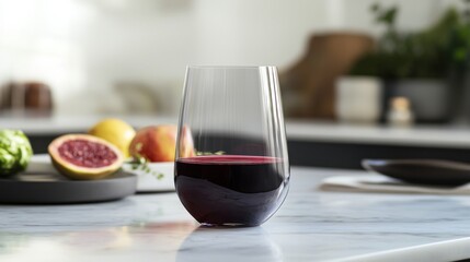 Stemless wine glass with red wine on marble countertop.