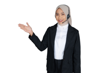 Young Female Customer Service Representative Agent in a Hijab Presenting or Explaining Isolated Transparent