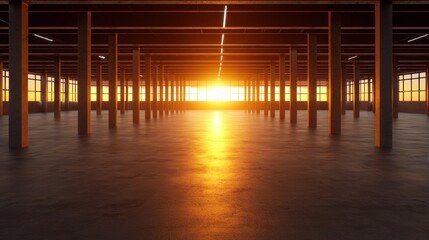 Bright Sunset Illuminating Empty Industrial Warehouse with Concrete Floor and Steel Pillars