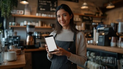 Fototapeta premium A woman holds a phone with a blank screen at a coffee shop. The screen can be used to display text, app designs, or ads for online marketing.