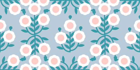 Flat seamless pattern with white wildflowers, minimalist pastel botanical design for greeting cards, invitations, packaging, stationery, stickers, home decor