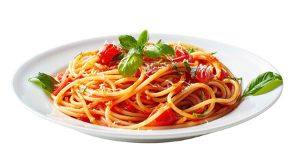 Delicious spaghetti with tomato sauce and basil on transparent background