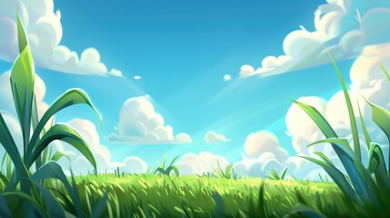 Obraz premium Enjoy vibrant green fields under a bright blue sky, dotted with fluffy white clouds, perfect for summer vibes.