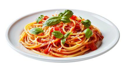 Delicious italian spaghetti with tomato sauce, basil, and grated cheese on transparent background