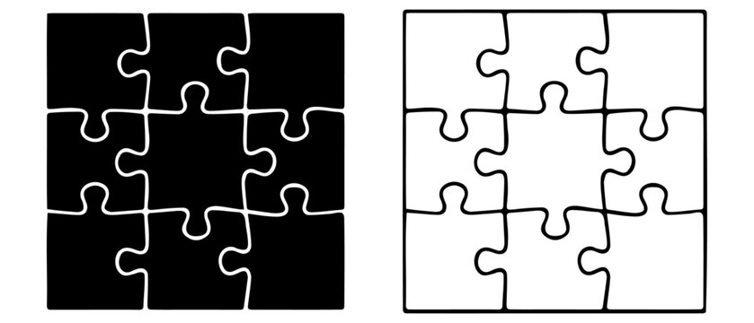 Jigsaw puzzle white and black color. Puzzle grid 3x3. Game mosaic 9 individual parts.