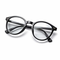 Stylish pair of black rimmed glasses with clear lenses, perfect for a chic look, set against a white backdrop.
