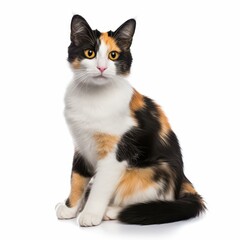 Fototapeta premium A charming calico cat with vibrant orange, black, and white patches, set against a white background in a playful pose.