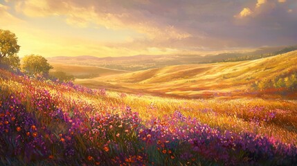 Obraz premium Vibrant sunset over rolling hills and wildflowers.