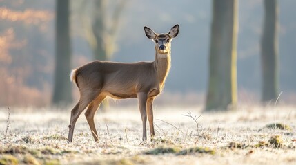 Doe deer standing in frosty field, autumn.