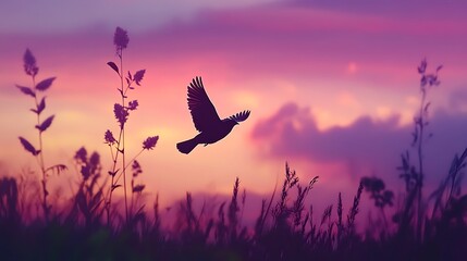 Fototapeta premium Silhouette of bird flying at sunset over wildflowers.