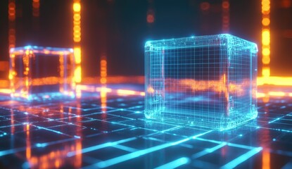 Obraz premium Holographic Cube on Neon Grid Floor