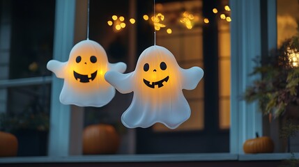 Obraz premium Smiling Halloween Ghosts Hanging on Porch
