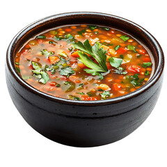 A Bowl of Turkish Lentil Soup with Vegetables and Herbs Isolated on Transparent Background