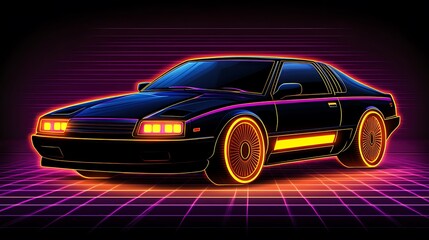 Retro Car, Neon Grid, 80s Style