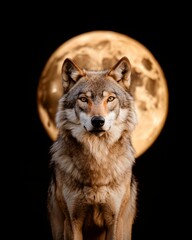 Fototapeta premium Mysterious Wolf Silhouette Howling Under Full Moon - Dark Wildlife Aesthetic