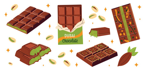 Dubai chocolate bar set with pistachio filling and kataifi dough. Luxury milk, dark chocolate with green pistachio filling. Unwrapped chocolate, cut pieces, sweets, cocoa pod. Flat vector illustration