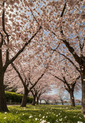 Obraz premium Blooming cherry blossom trees with petals falling in the wind