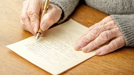 A serene scene of an elderly individual penning letters in timeless style, evoking nostalgia with every stroke of the pen.