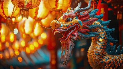 Fototapeta premium Holiday maker celebrating Lunar New Year with a vibrant dragon symbolizing Chinese culture and religion adorned with colorful lanterns representing fortune and prosperity.