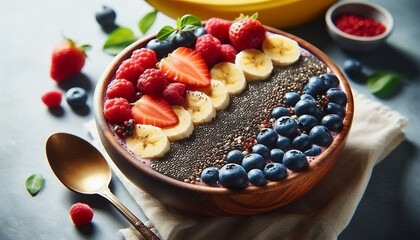 A close-up of a smoothie bowl with chia seeds, bananas, and berries, representing a superfood-rich diet