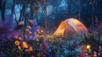 Enchanting forest campsite with glowing tent amid vibrant wildflowers at night