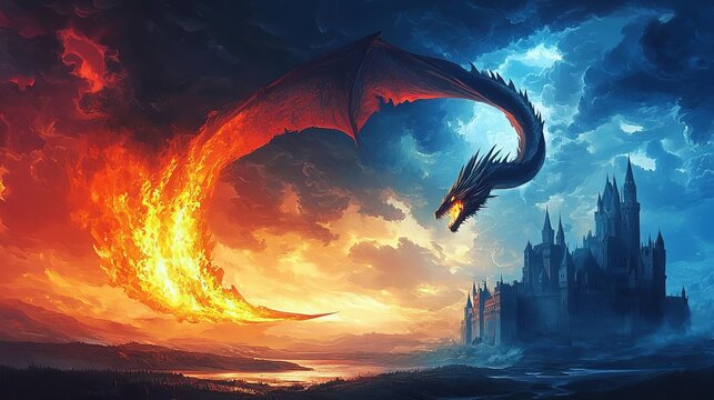 St George's Day A mythical dragon soaring over a dark castle.