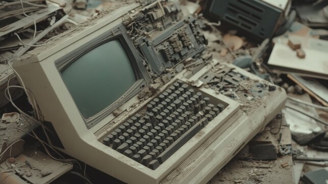 Dusty, abandoned vintage computer in debris.