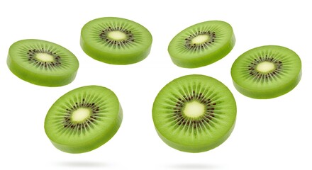Fototapeta premium Floating Kiwi Fruit Slices on White Background for Healthy Food Concept