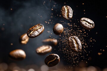 Captivating high-speed photo of coffee beans exploding in air