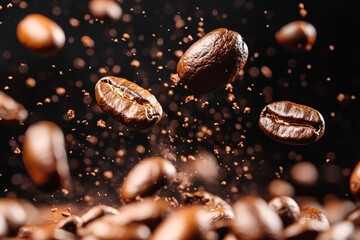 Coffee beans bursting midair with dramatic flair against dark backdrop