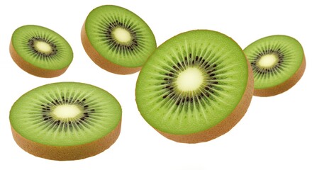 Fototapeta premium Kiwi Fruit Slices Floating on White Background Close Up Studio Shot