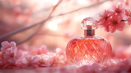 Perfume bottle, blossom, spring, sunset, beauty