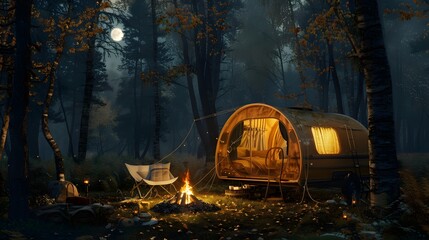 Vintage camper trailer at a serene forest campsite with glowing campfire under the moonlit sky