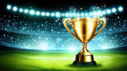 Golden trophy on stadium field
