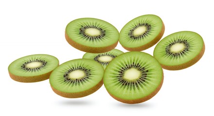Fototapeta premium Fresh Kiwi Fruit Slices Floating on White Background for Healthy Eating