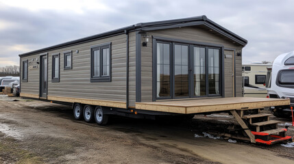 a modern mobile home on wheels with an elegant design. 