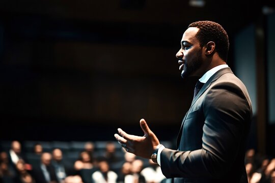 Motivational speaker inspiring audience during conference presentation